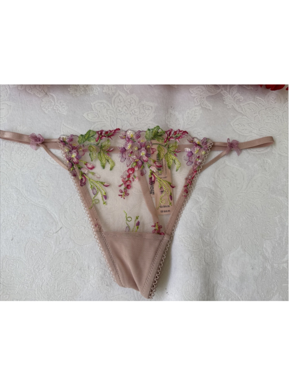 VICTORIA'S SECRET XS EMBROIDERED PINK FLORAL SHINE V STRING THONG PANTIES $30
